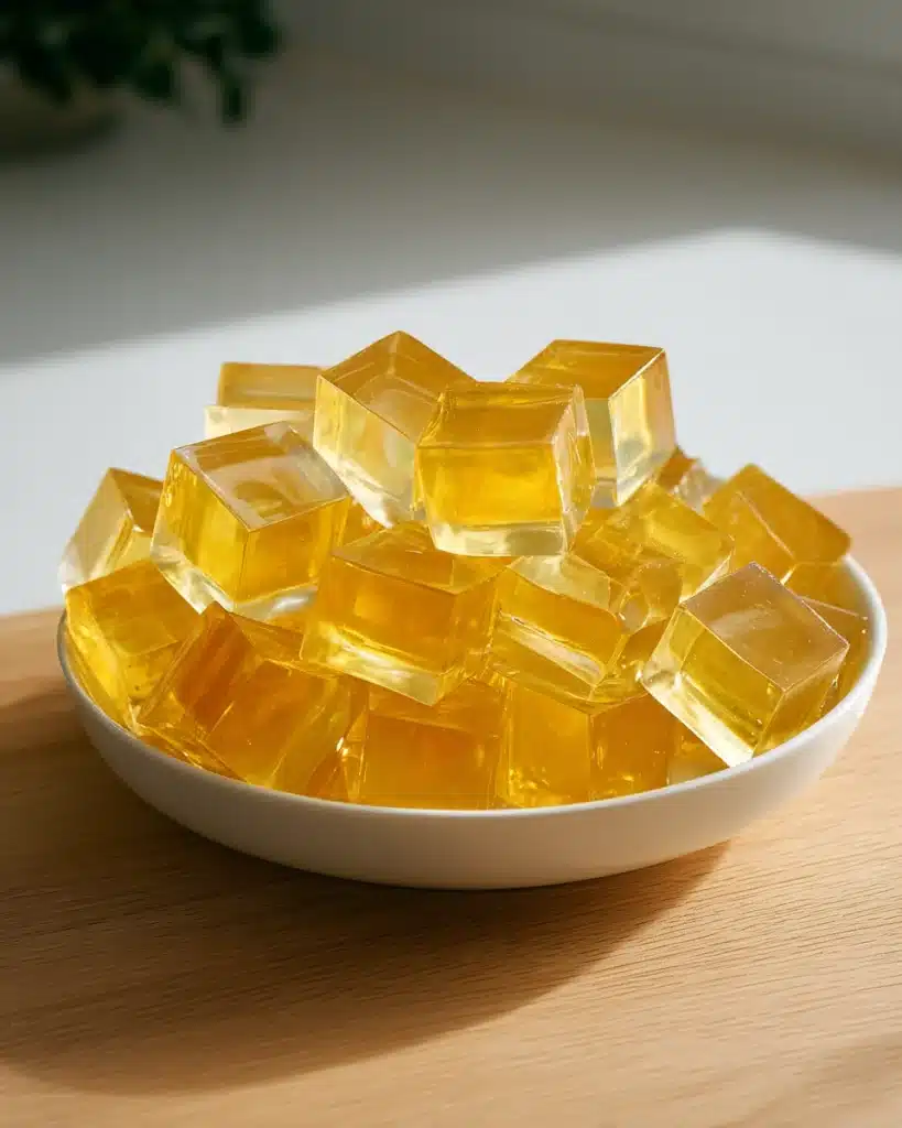 Golden gelatin trick recipe cubes stacked on a white plate in bright natural light.