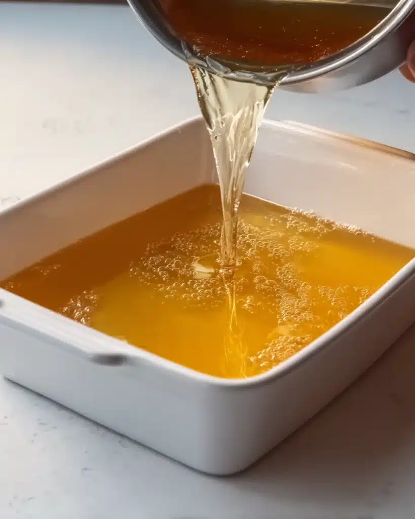 Golden gelatin mixture being poured into a rectangular dish on a white table.