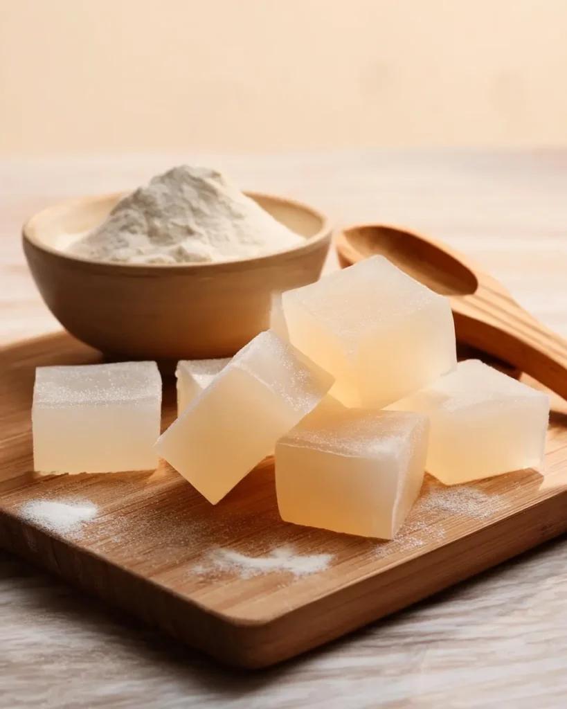 what is the gelatin trick image showing gelatin cubes and powdered gelatin on a wooden board