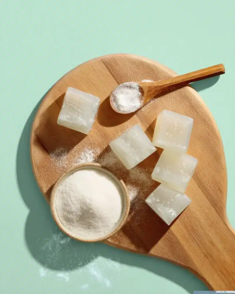 Gelatin cubes and powdered gelatin on a wood board for the gelatin trick drink