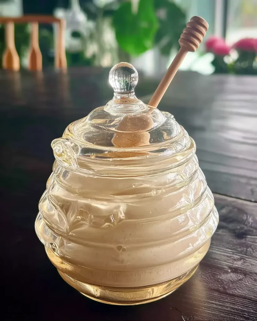 How to Make Whipped Honey (Creamy, Fluffy, and Perfect Every Time) 12 glass jar of whipped honey with wooden dipper on table