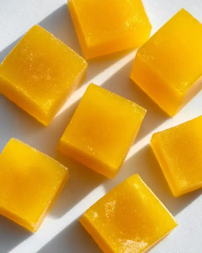 Bright yellow gelatin trick cubes on a white plate with smooth glossy texture.
