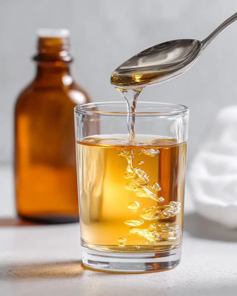 Teaspoon pouring apple cider vinegar into a glass of water on a white surface