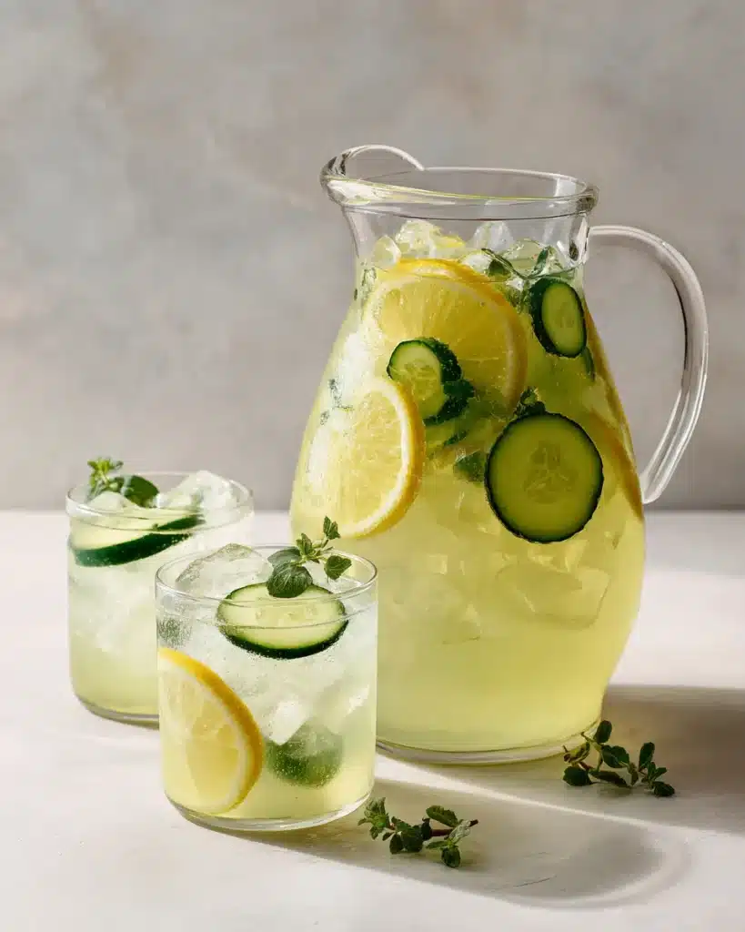 Iced lemon balm tea in a pitcher with cucumber and lemon slices