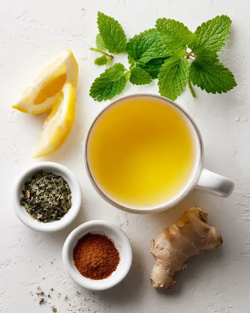Lemon balm tea with cinnamon, green tea, and honey add-ins on white