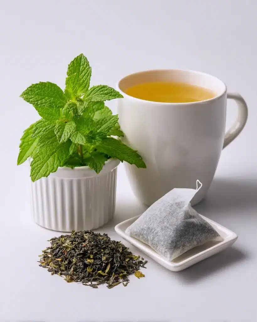 Tea bag, dried lemon balm leaves, fresh lemon balm sprigs, and a mug of tea on white