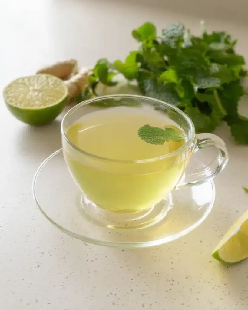Close up of lemon balm tea in a clear glass cup with fresh lemon balm leaves and lime nearby