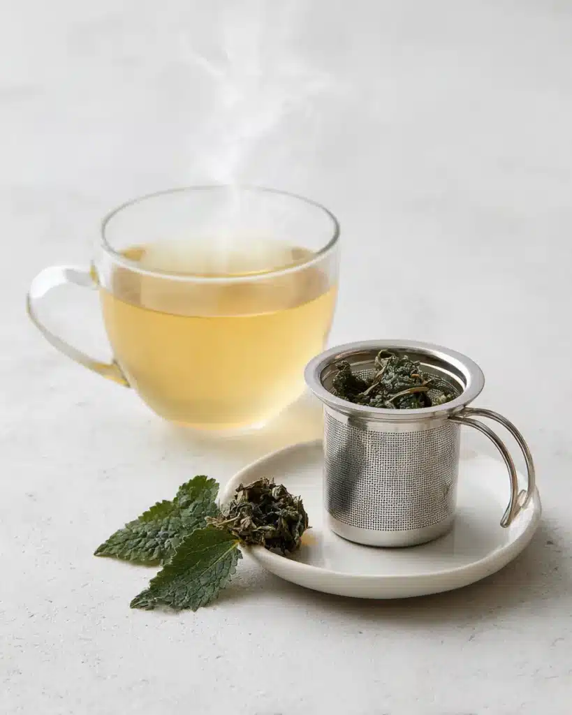 Tea infuser with dried lemon balm beside a glass cup of steeped lemon balm tea