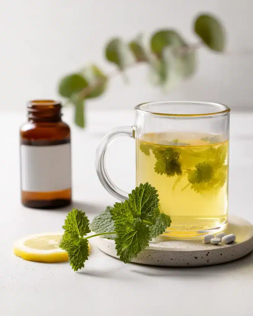 Lemon balm tea beside a pill organizer and blank amber bottle on a white background