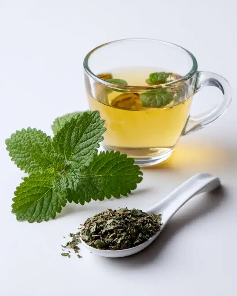 Dried lemon balm in a measuring spoon beside a glass cup of lemon balm tea on white