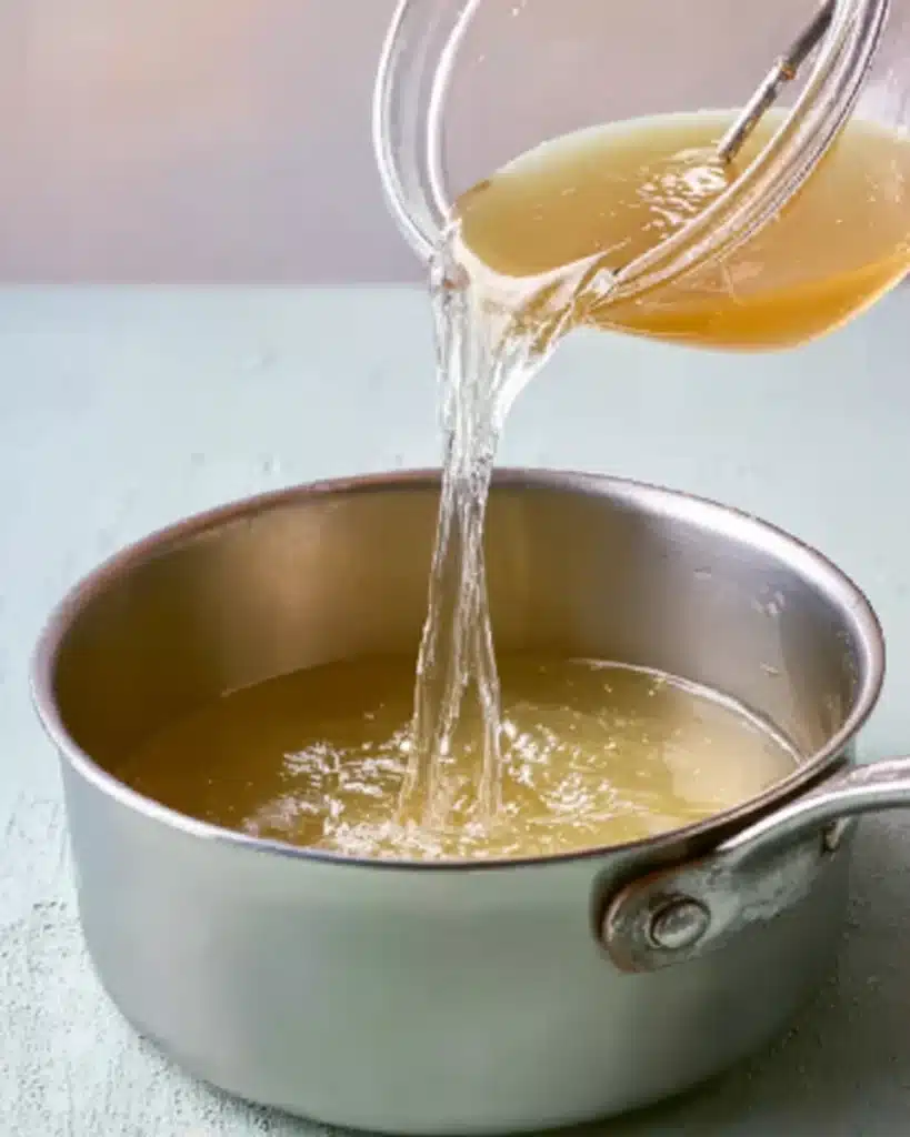 Bariatric Gelatin Recipe mixing bloomed gelatin into warm juice in a pot for a smooth set