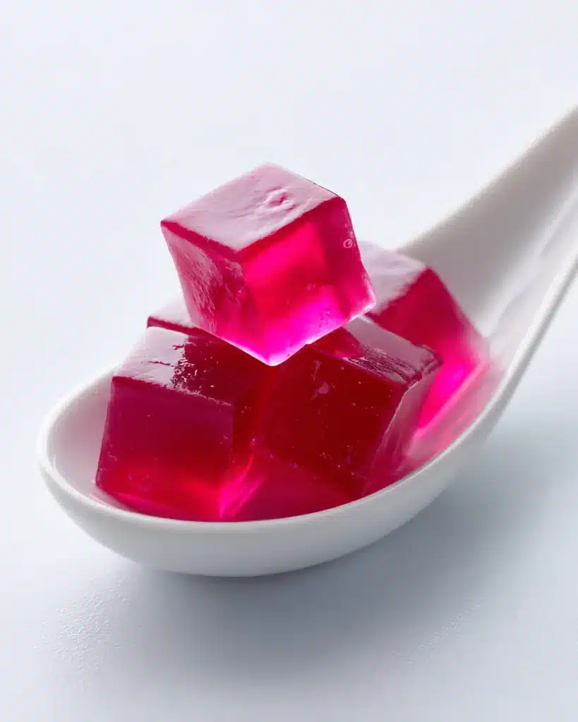 Dr Oz Pink Gelatin Recipe for Weight Loss, Bariatric Jello in 2 Minutes 11 Glossy pink gelatin cubes in a white spoon dish on a white background