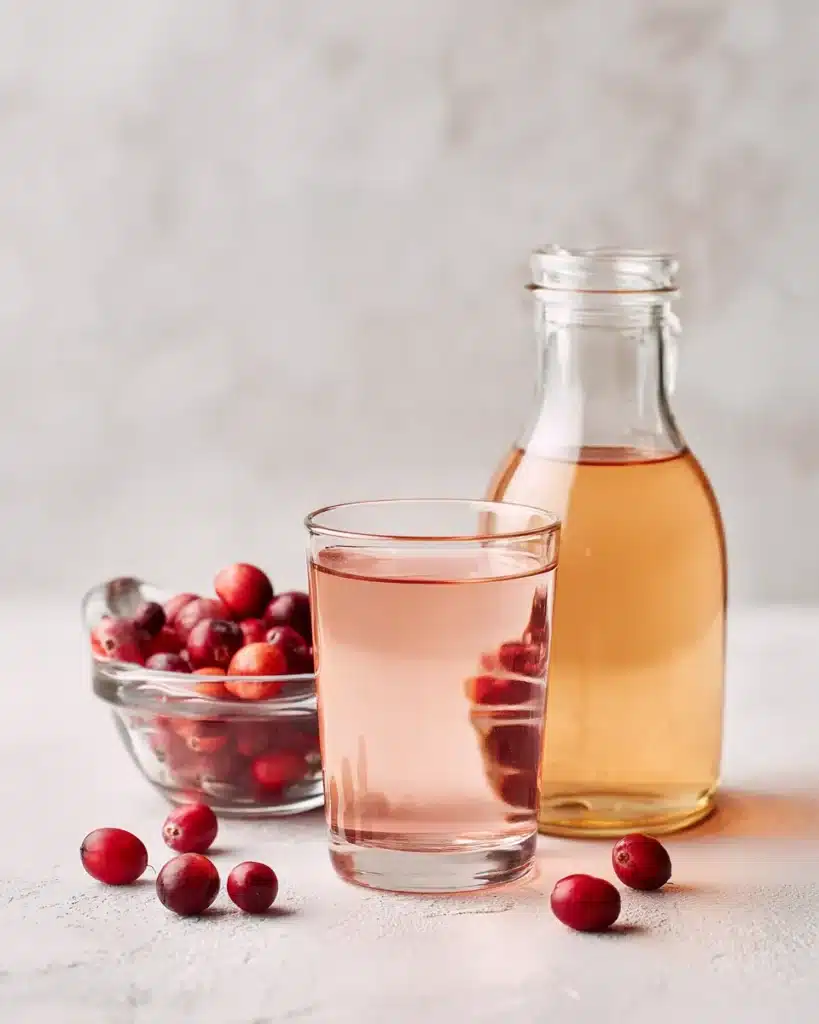 Light pink cranberry and apple cider vinegar drink base in a clear glass on white