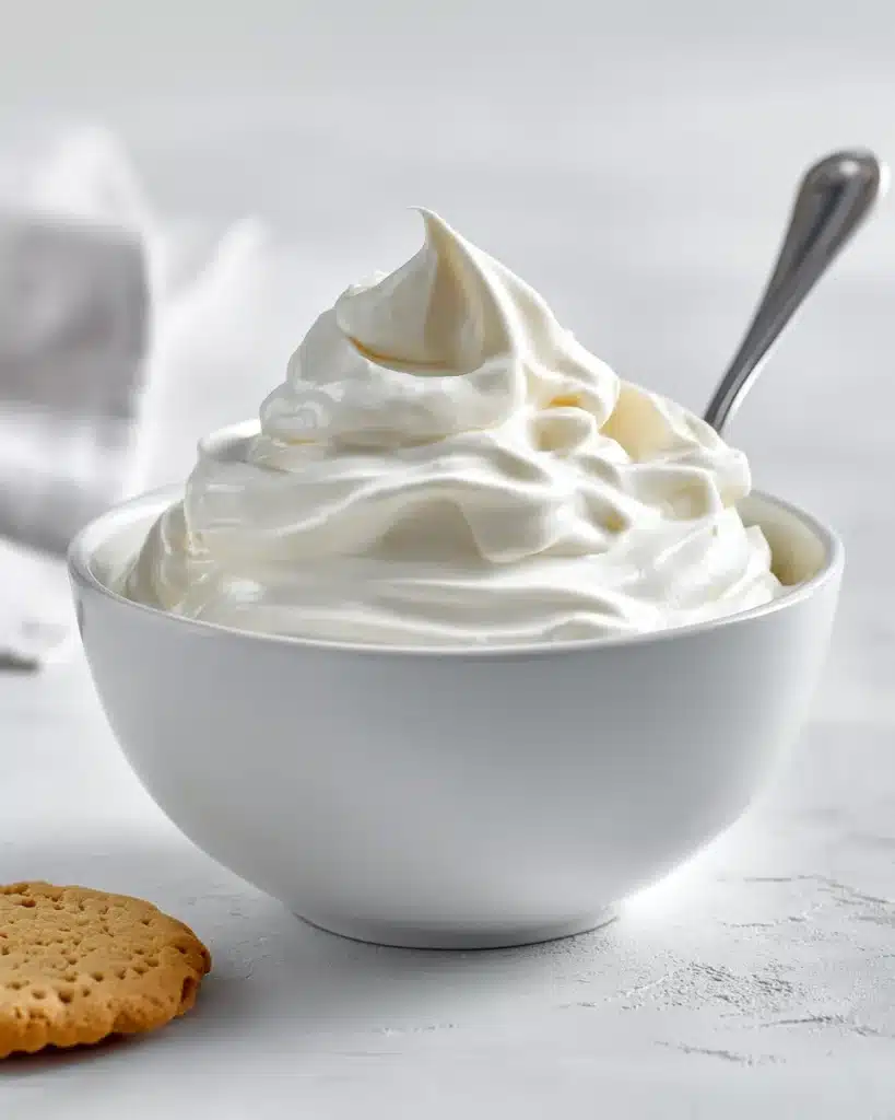Spoon standing upright in thick Greek yogurt showing the thickness test
