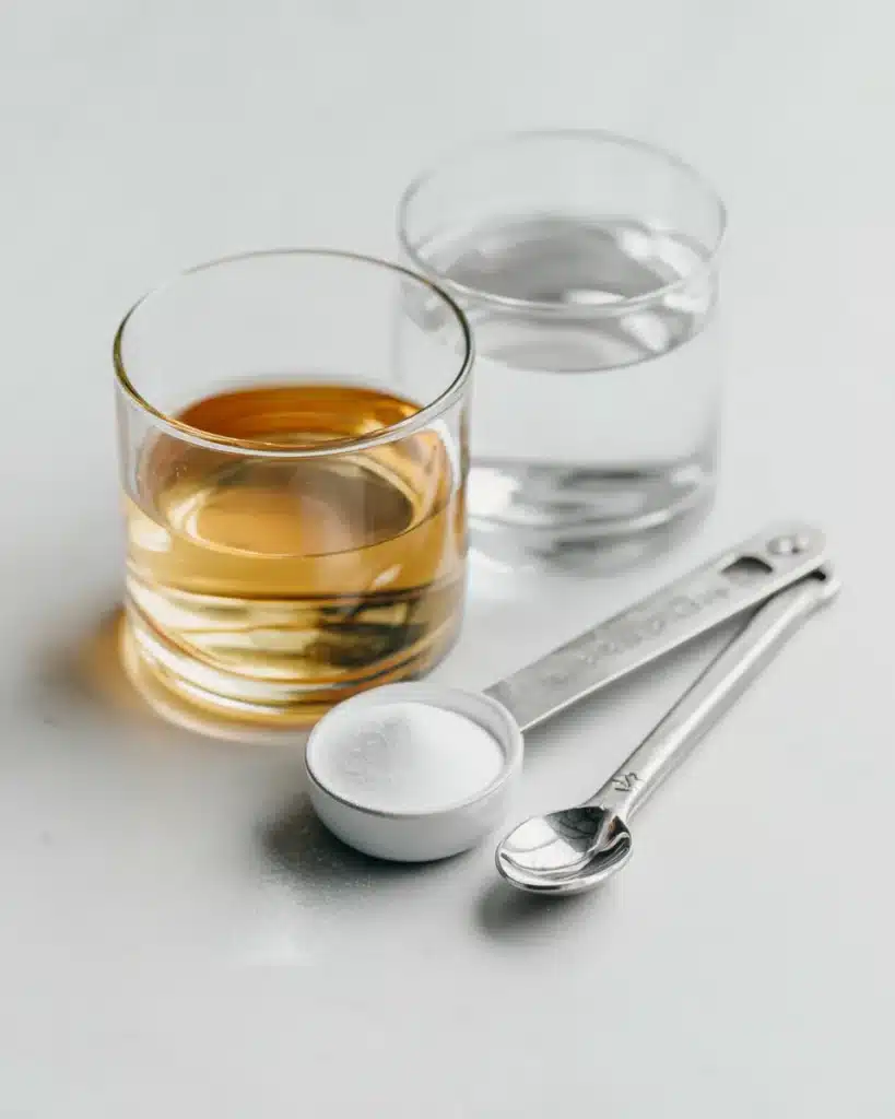 Teaspoons measuring apple cider vinegar and a small pinch bowl of baking soda beside water