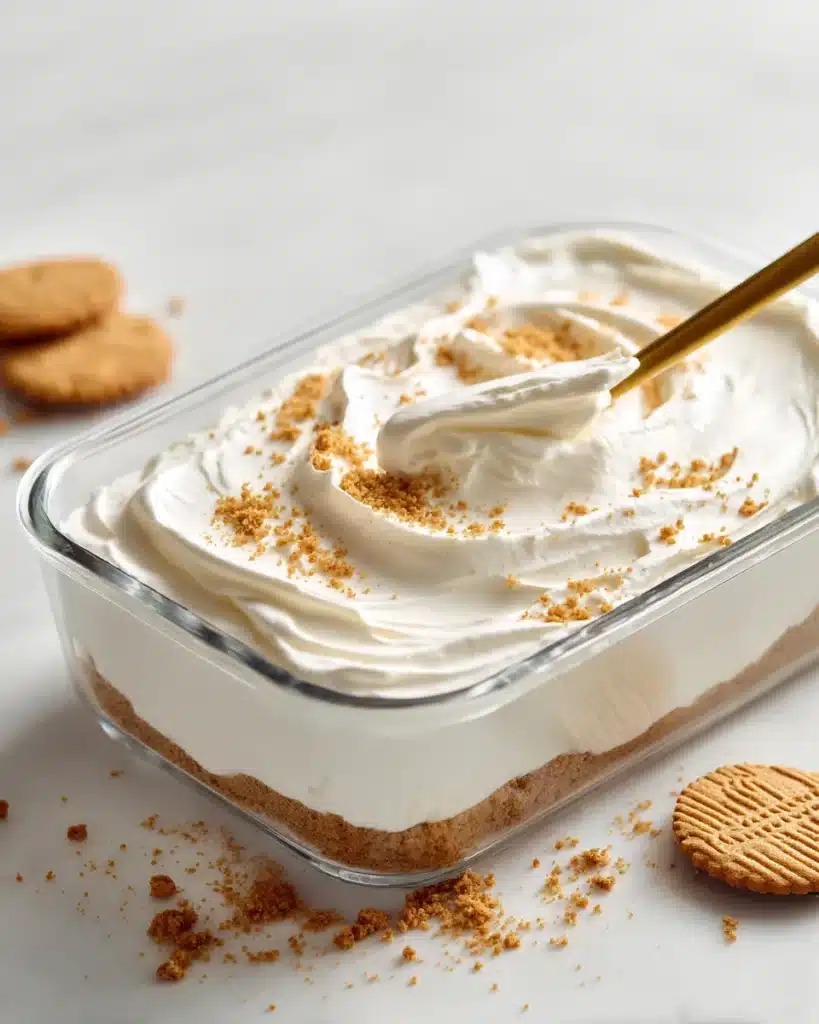 Thick Greek yogurt spread over cookie layers in a glass dish for no-bake cheesecake