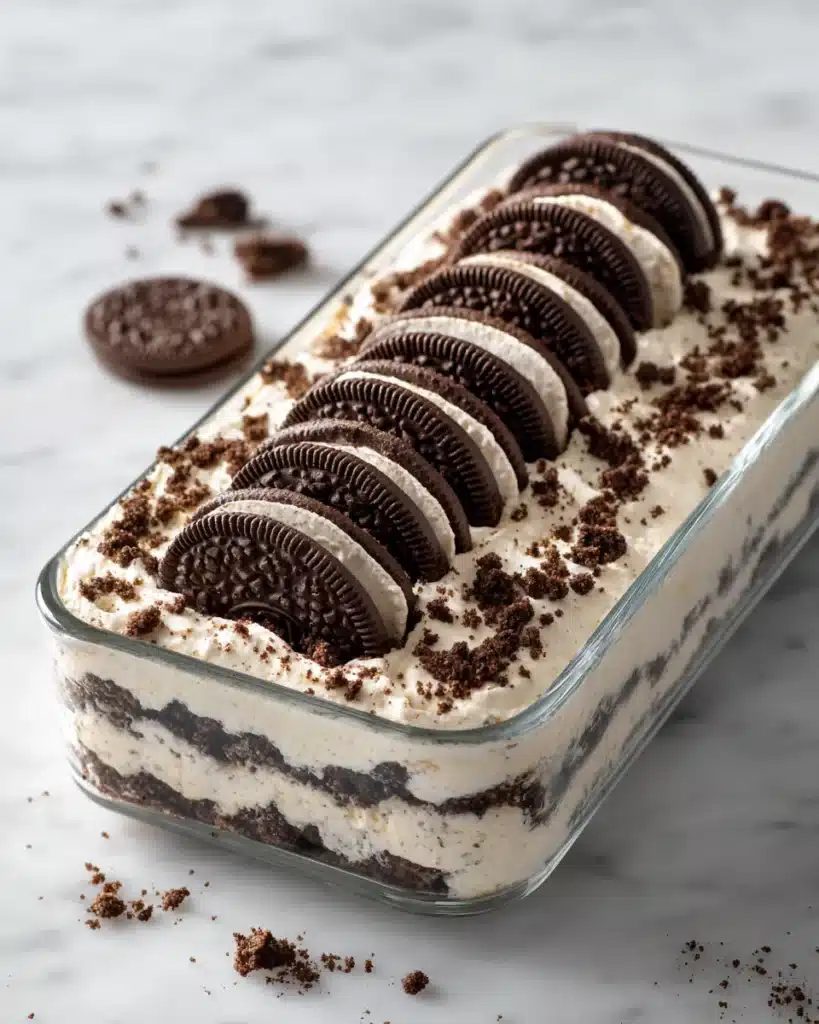 Cookies and cream yogurt cheesecake in a glass loaf dish with upright Oreo cookies and crumb topping on white