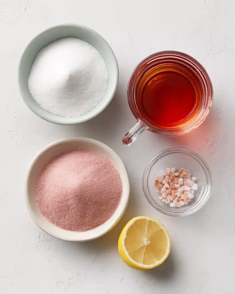 Dr Oz Pink Gelatin Recipe for Weight Loss, Bariatric Jello in 2 Minutes 8 Measured gelatin powder, cranberry juice, hot herbal tea, lemon, and pink salt on a white surface