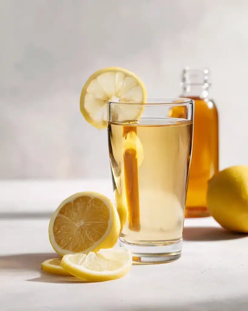 apple cider vinegar and baking soda drink for weight loss with lemon wedge on a bright white background