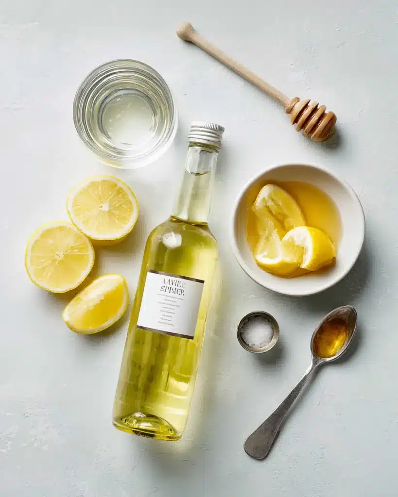 ACV routine setup with measuring spoon, water glass, lemon wedges, and honey on white