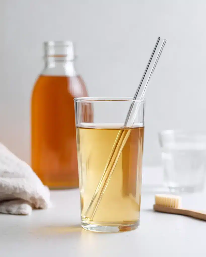 Diluted apple cider vinegar drink with a straw and a water rinse glass on a white background