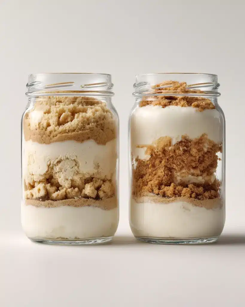 Two jars showing soggy cookie layers versus clean layered yogurt cheesecake texture