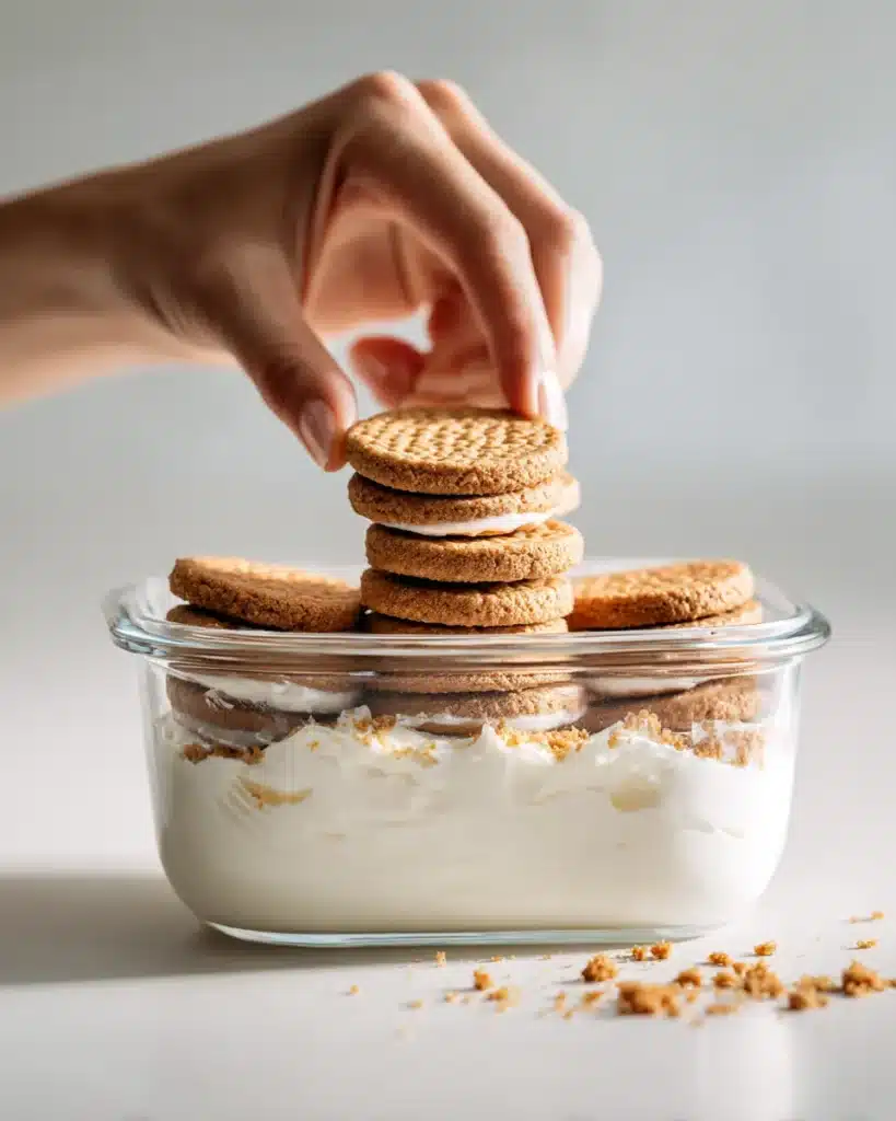 Upright cookies being layered into thick yogurt for a sliceable no bake cheesecake