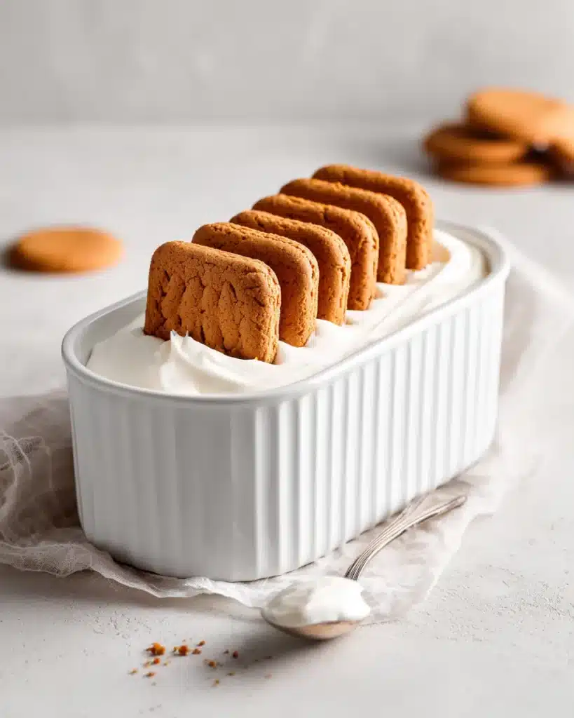 Loaf pan with thick yogurt and upright cookies arranged in rows for a sliceable set