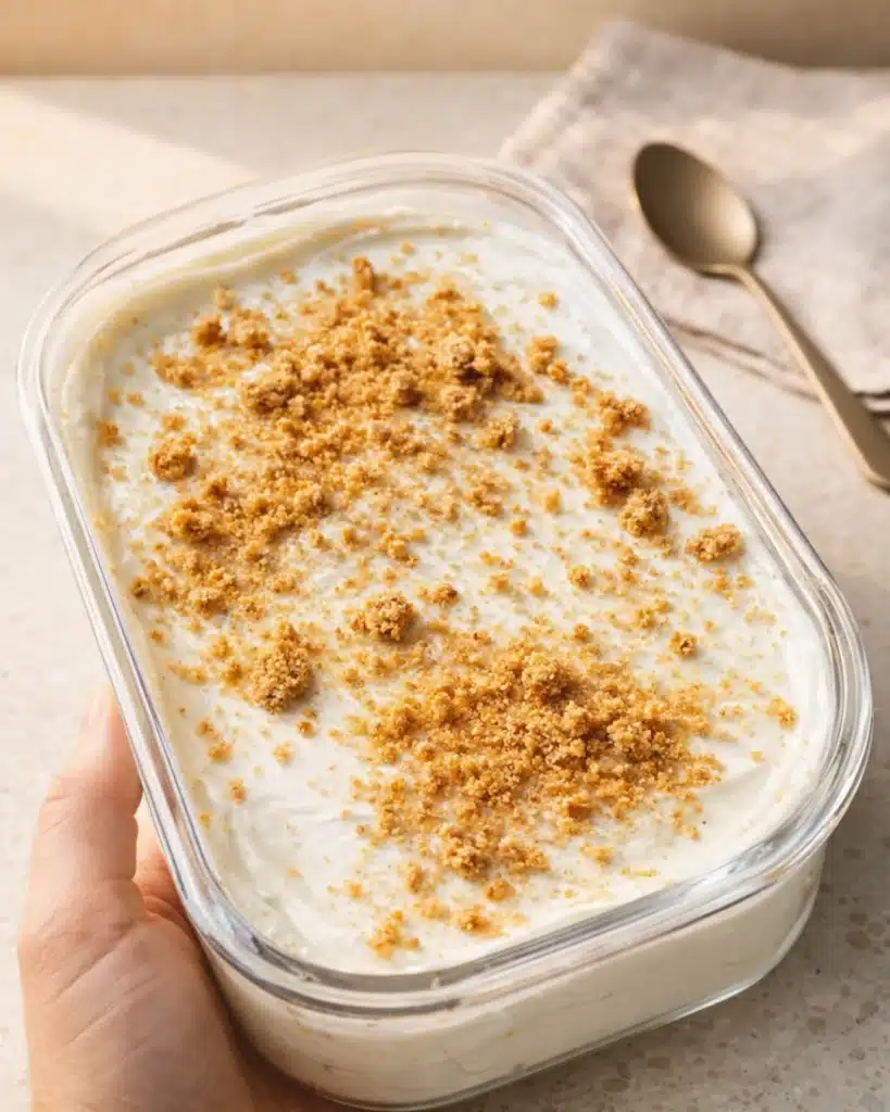 Viral Japanese Yogurt Cheesecake in a glass container topped with crushed cookies, ready to chill