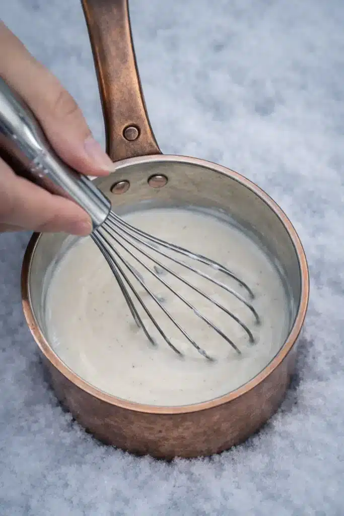 Viral snow ice cream mixture being whisked in a metal pan on snow for the TikTok snow bowl method.
