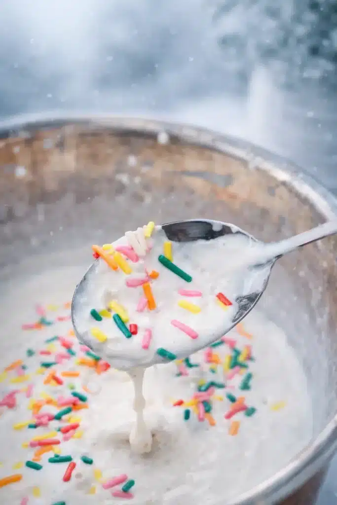 Viral snow ice cream topped with rainbow sprinkles on a spoon over a creamy bowl.