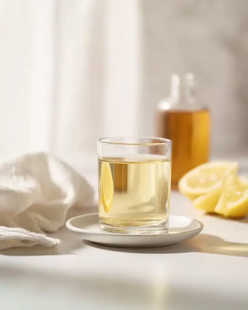 Diluted apple cider vinegar drink in a glass with lemon wedges on a white background