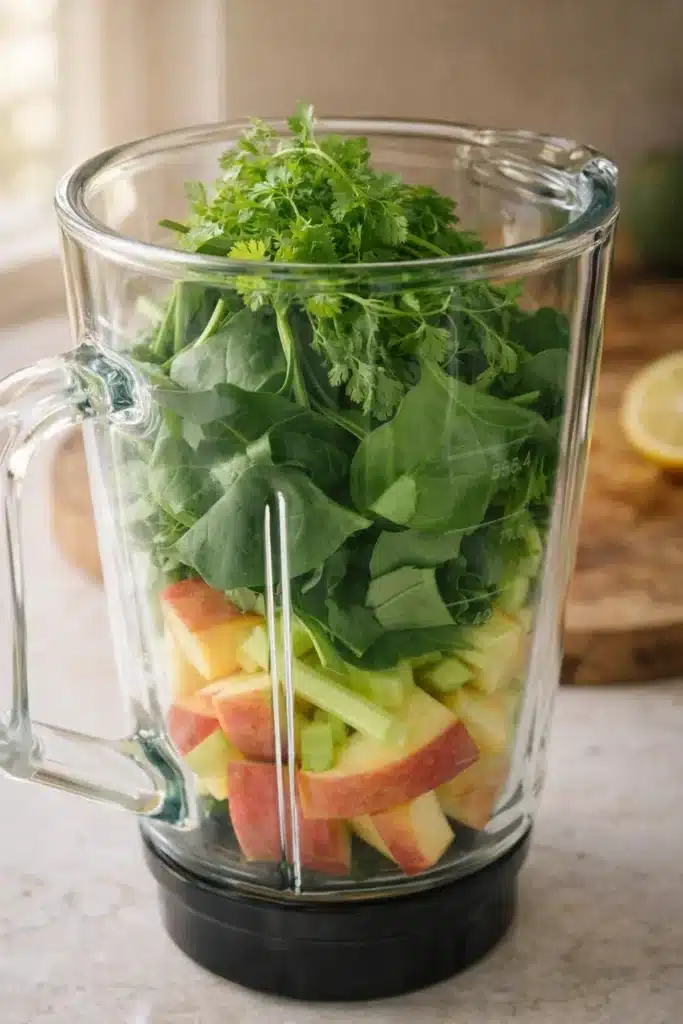 Best Detox Smoothie for Weight Loss 11 Best Detox Smoothie for Weight Loss adding water to blender with spinach, apple, and celery