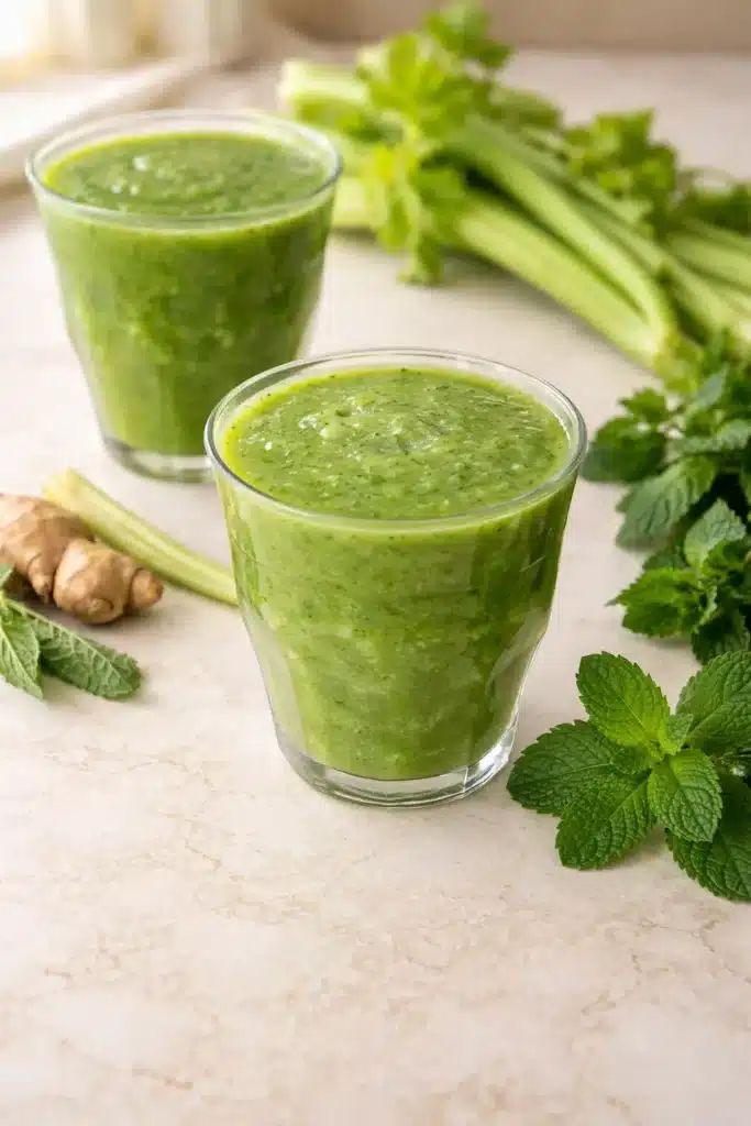 Best Detox Smoothie for Weight Loss 14 Best Detox Smoothie for Weight Loss in two glasses with celery and ginger on a light countertop