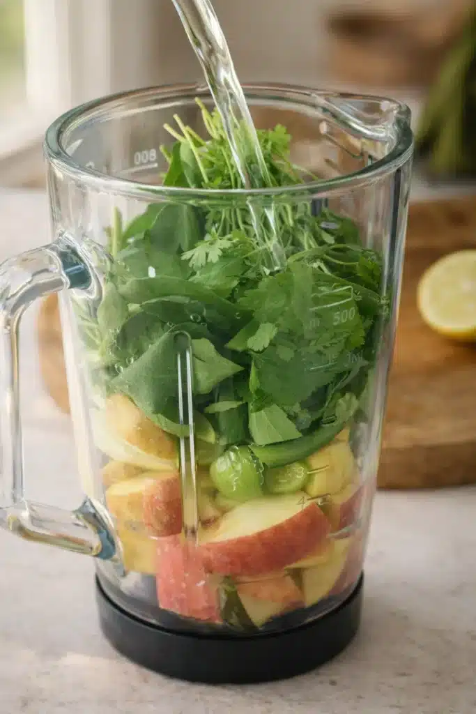Best Detox Smoothie for Weight Loss 12 Best Detox Smoothie for Weight Loss ingredients in blender with spinach, apple, and celery before blending