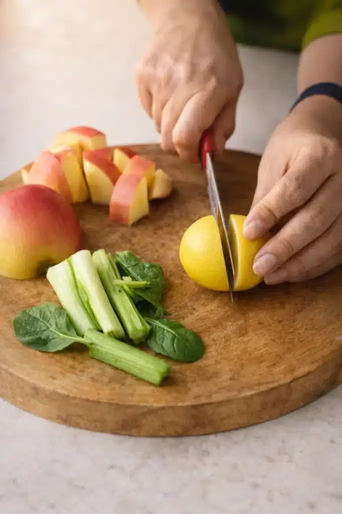 Best Detox Smoothie for Weight Loss 10 Best Detox Smoothie for Weight Loss prep with slicing lemon, chopped apple, and celery on a cutting board