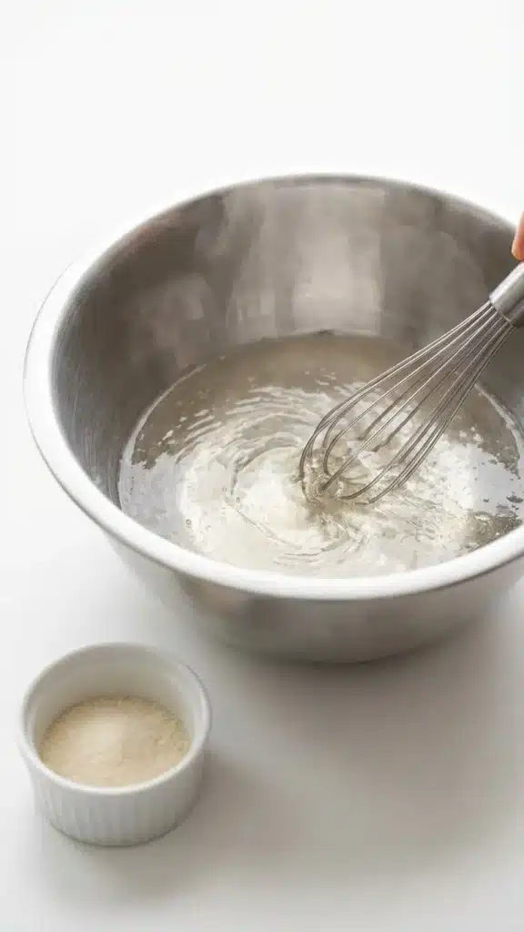 Gelatin dissolving in a bowl with a whisk on a white background