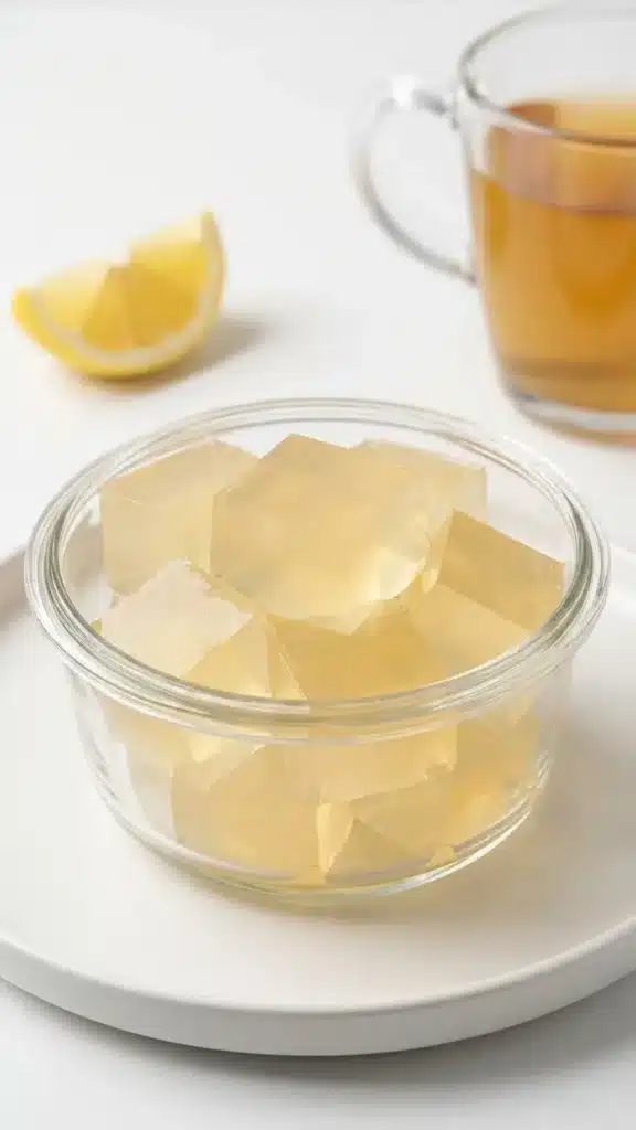 Container of translucent gelatin cubes stored for meal prep on a white background