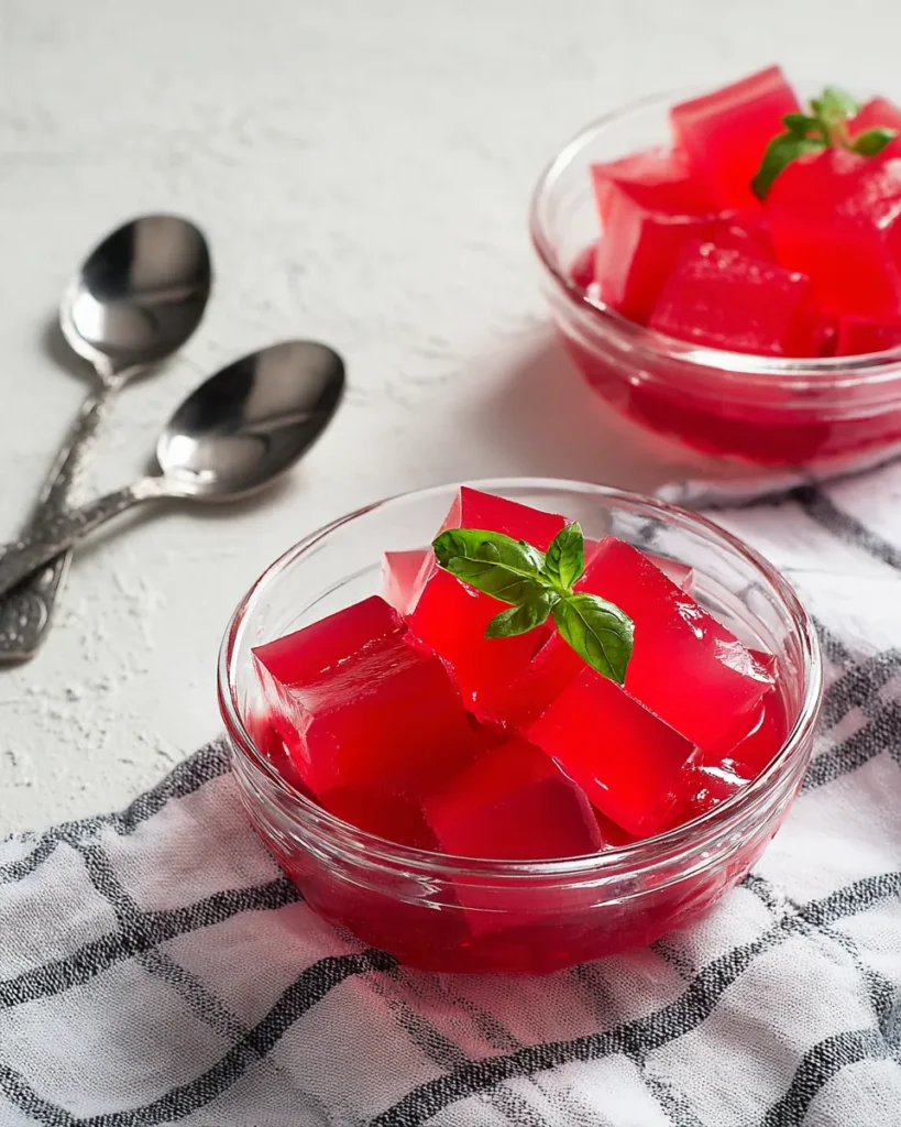 Keto Jello for Weight Loss served in glass bowls with sugar free red gelatin cubes and fresh mint