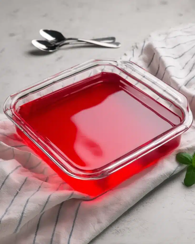 Keto Jello for Weight Loss liquid gelatin mixture in a glass dish ready to chill on a white surface