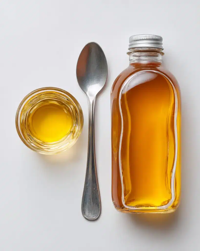 Glass of diluted ACV drink with teaspoon and tablespoon measuring spoons on a white surface