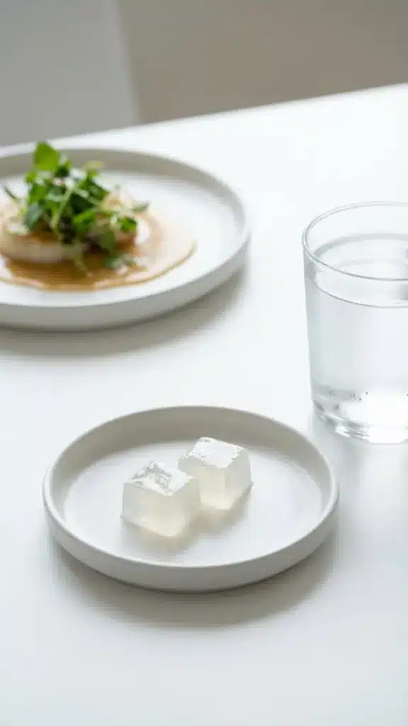 Two gelatin cubes on a plate with a glass of water on a white background