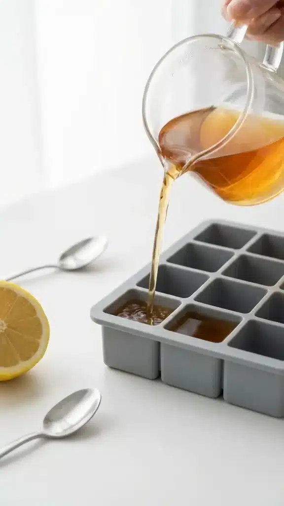 Amber gelatin liquid being poured into a silicone cube mold on a white surface