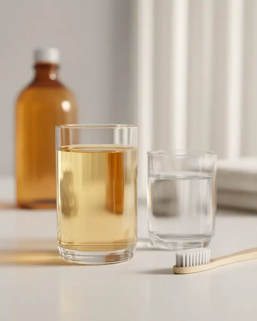 Diluted ACV drink with a glass of water and a toothbrush on a white surface