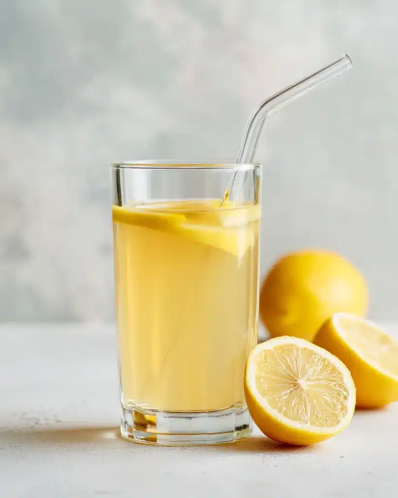 Apple cider vinegar lemon drink with a straw and a small glass of water for rinsing on a white background