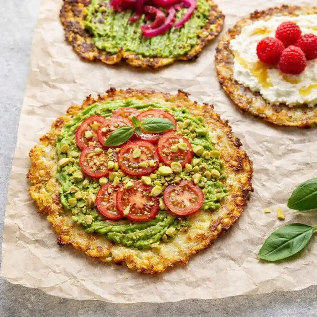 Cottage Cheese Breakfast Rounds with avocado, tomatoes, pickled onions, and berries on parchment