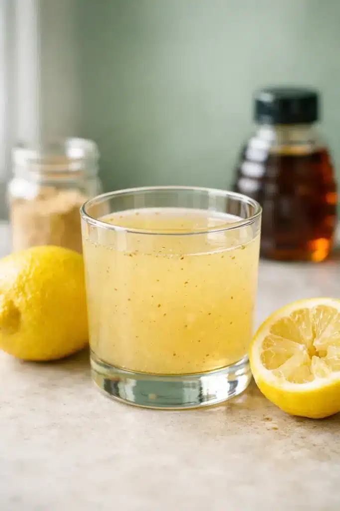 Master cleanse recipe classic lemon drink in a glass with lemon and spice flecks