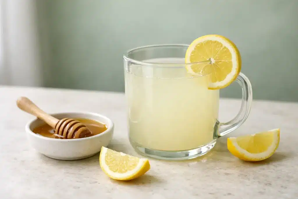 Master cleanse recipe lemon detox drink in one glass mug with honey and lemon slice