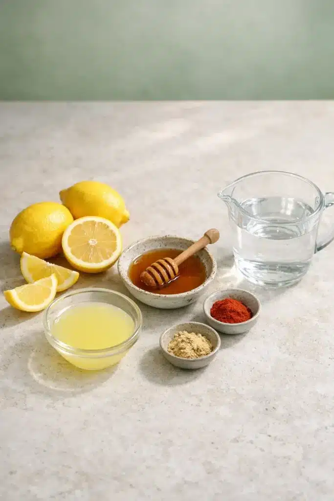 Master cleanse recipe ingredients with lemons honey cayenne ginger and water on stone counter