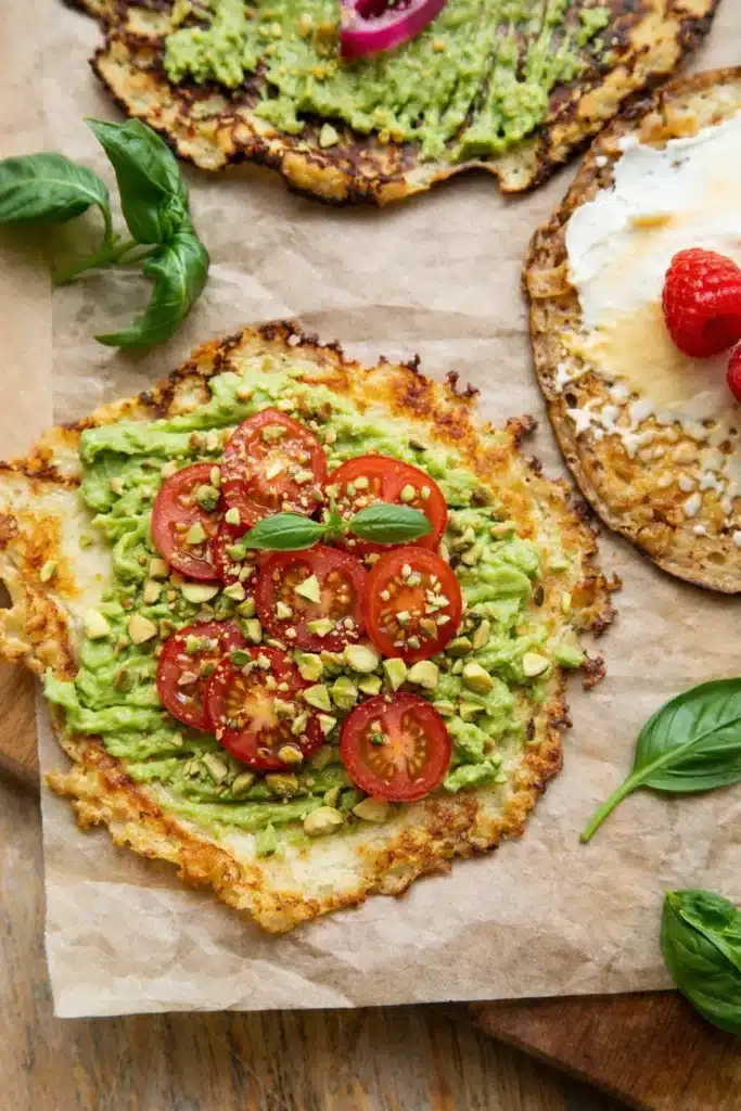Cottage Cheese Breakfast Rounds topped with avocado and cherry tomatoes on parchment